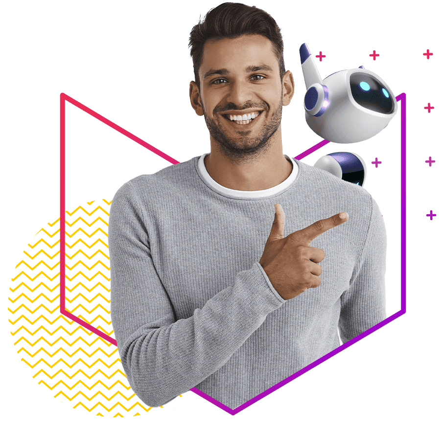 Homem sorrindo ao lado de robô da PlayerUm aponta à direita, em direção ao formulário de pedido de demonstração de gamificação em empresas. 